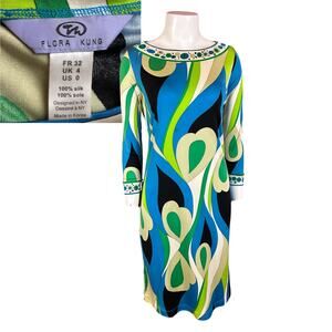 Flora Kung Silk Midi Dress Blue Green Pop Art Abstract Print Long Sleeve XS -